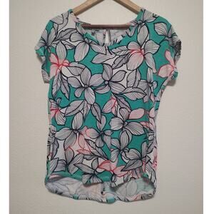 T by Talbots Green White Blue Floral Dolman Sleeve Round Neck Shirt Size Medium